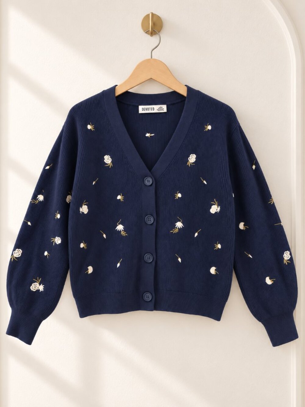 Devoted by Dex, Cardigan, Floral Embroidered Balloon Sleeve, Navy Size XS